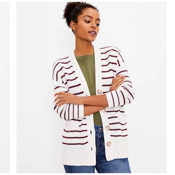 LOFT Striped Pocket V-Neck Cardigan Grandpa sweater womens size small oversized - Picture 1 of 8